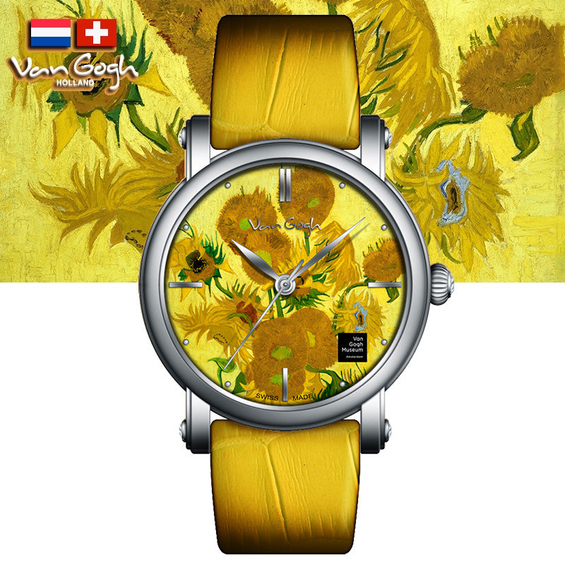 Van Gogh HOLLAND 腕時計 ゴッホ ひまわり イエロー 未使用 Van Gogh Sunflowers Swiss Movement Leather Watch - One Quarter