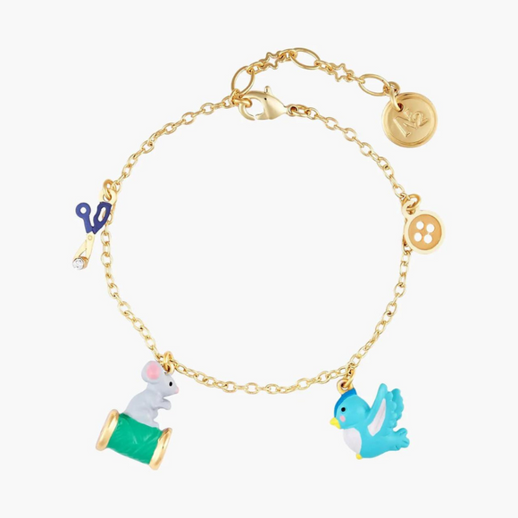 Les Néréides Cinderella Bird and Mouse on Spool of Thread Bracelet-One Quarter