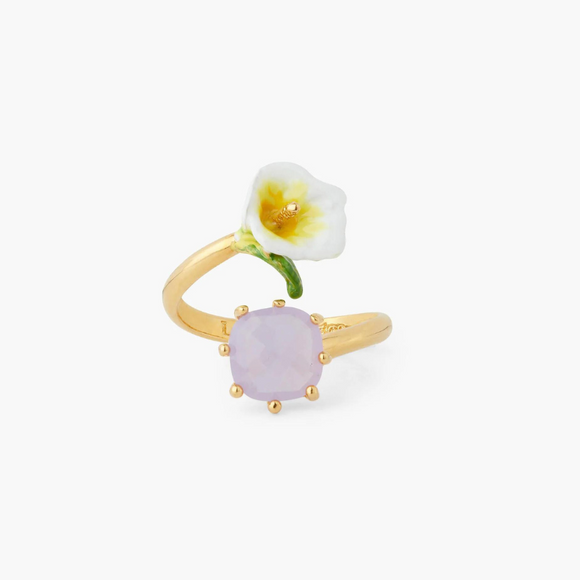 Les Néréides Claude Monet Water Lilies Calla and Pink Stone Adjustable Ring-One Quarter