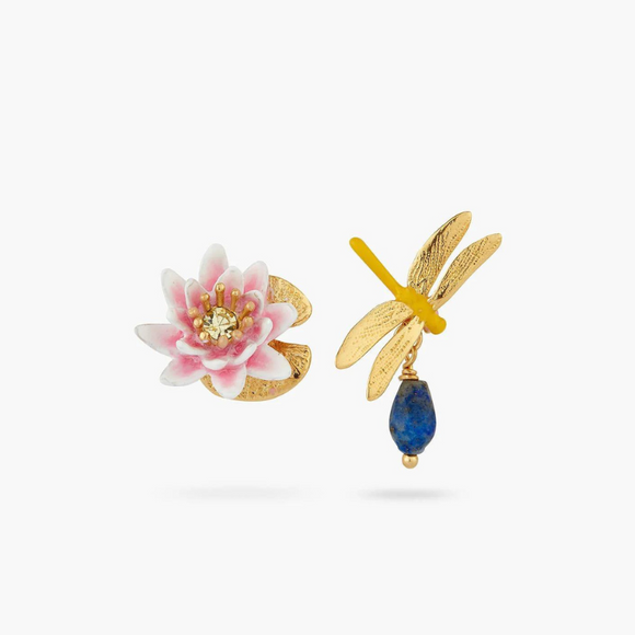 Les Néréides Claude Monet Water Lilies Dragonfly Asymmetrical Earrings-One Quarter