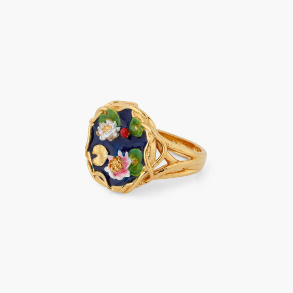 Les Néréides Claude Monet Water Lilies Lily Pad Pond Cocktail Ring-One Quarter