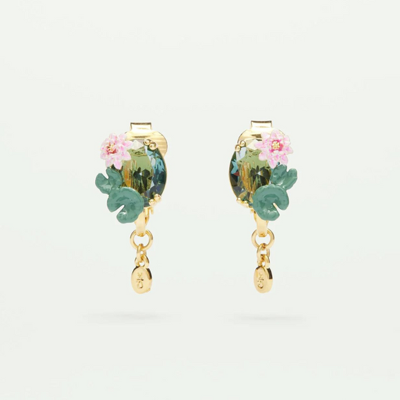 Les Néréides Claude Monet Water Lilies Lotus Flower and Blue Stone Clip Earrings-One Quarter