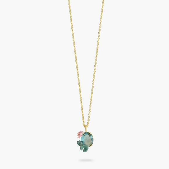 Les Néréides Claude Monet Water Lilies Lotus Flower and Blue Stone Pendant Necklace-One Quarter