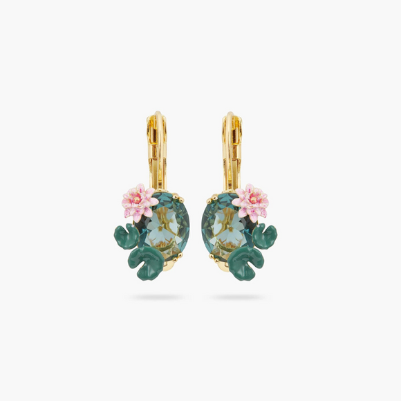 Les Néréides Claude Monet Water Lilies Lotus Flower and Blue Stone Sleeper Earrings-One Quarter
