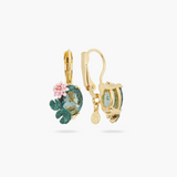 Les Néréides Claude Monet Water Lilies Lotus Flower and Blue Stone Sleeper Earrings-One Quarter