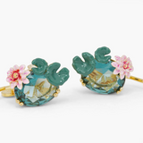 Les Néréides Claude Monet Water Lilies Lotus Flower and Blue Stone Sleeper Earrings-One Quarter