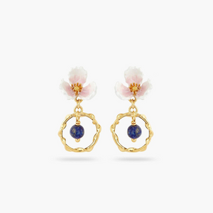 Les Néréides Claude Monet Water Lilies Pink Flower and Lapis Lazuli Hoop Earrings-One Quarter