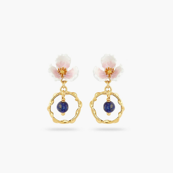 Les Néréides Claude Monet Water Lilies Pink Flower and Lapis Lazuli Hoop Earrings-One Quarter