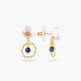 Les Néréides Claude Monet Water Lilies Pink Flower and Lapis Lazuli Hoop Earrings-One Quarter