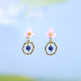 Les Néréides Claude Monet Water Lilies Pink Flower and Lapis Lazuli Hoop Earrings-One Quarter