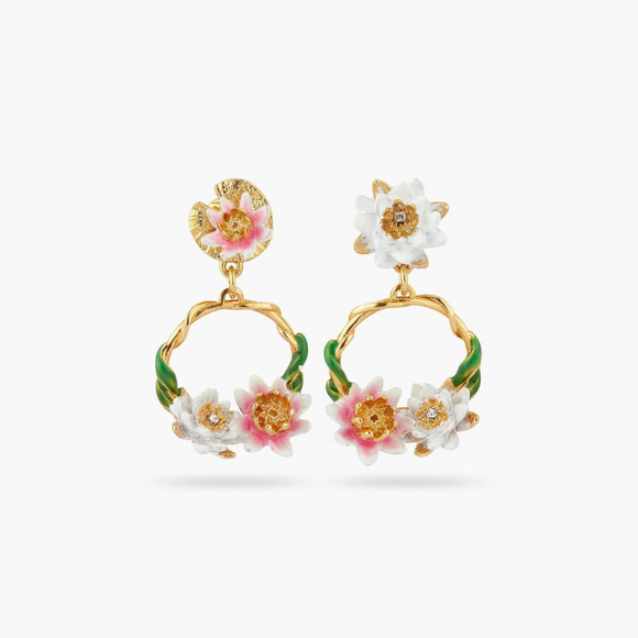 Les Néréides Claude Monet Water Lilies Pink and White Water Lily Asymmetrical Earrings-One Quarter