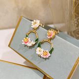 Les Néréides Claude Monet Water Lilies Pink and White Water Lily Asymmetrical Earrings-One Quarter