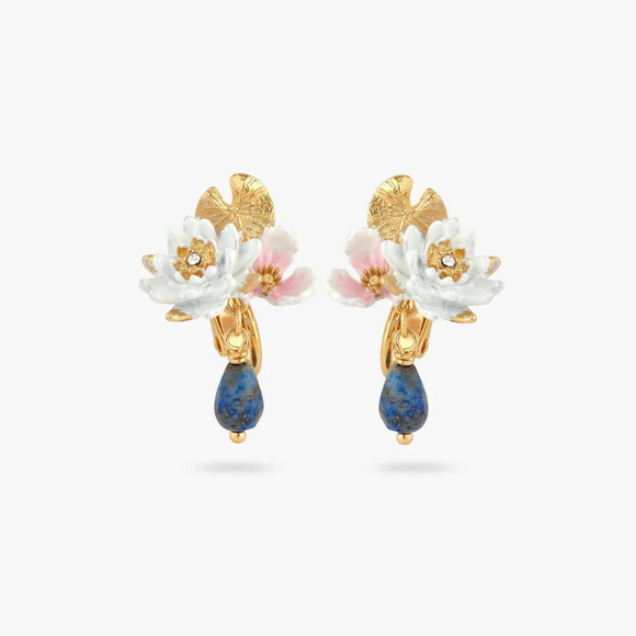 Les Néréides Claude Monet Water Lilies White Water Lily and Lapis Lazuli Earrings-One Quarter