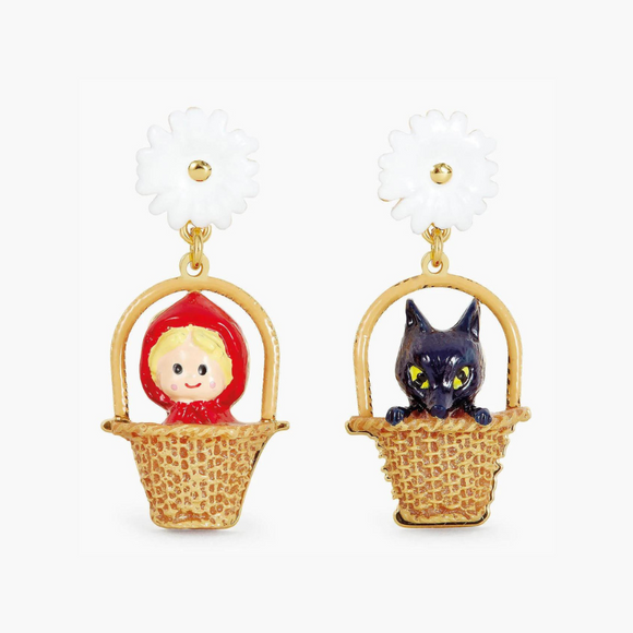 Les Néréides Little Red Riding Hood and Big Bad Wolf in Small Basket Earrings-One Quarter