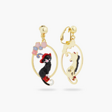 Les Néréides Puss in Boots Charming Cat and Flower Hoop Earrings-One Quarter