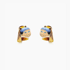 Jan Vameer Cat with a Pearl Earring Enamel Stud Earrings-One Quarter