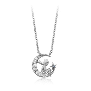 Le Petit Prince Crescent Moon and Star Silver Pendant Necklace