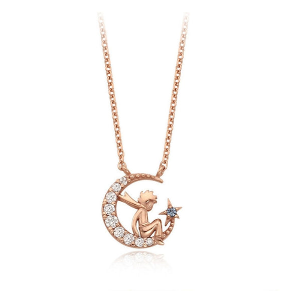 Le Petit Prince Crescent Moon and Star Rose Gold Pendant Necklace-One Quarter