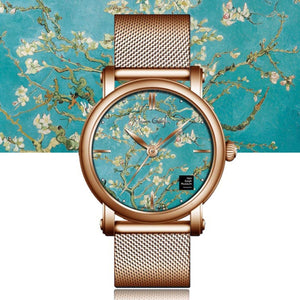 Van Gogh Almond Blossom Swiss Movement Rose Gold Mesh Watch-One Quarter