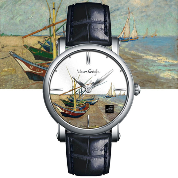 Van Gogh Fishing Boats on the Beach Swiss Movement Leather Watch-One Quarter
