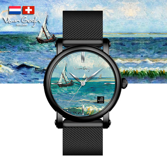 Van Gogh Seascape Swiss Movement Black Mesh Watch-One Quarter