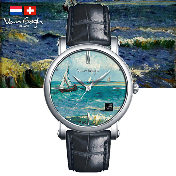 Van Gogh Seascape Swiss Movement Leather Watch-One Quarter