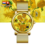 Van Gogh Sunflowers Swiss Movement Gold Mesh Watch-One Quarter
