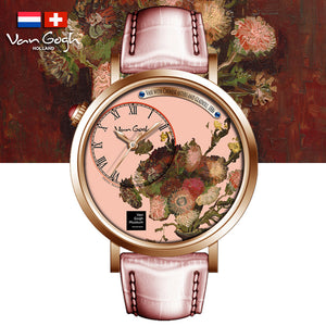 Van Gogh Vase with Asters and Phlox Swiss Movement Leather Watch-One Quarter