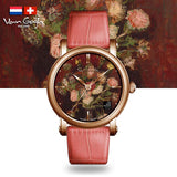 Van Gogh Vase with Asters and Phlox Swiss Movement Red Leather Watch-One Quarter