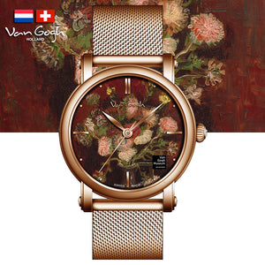  Van Gogh Vase with Asters and Phlox Swiss Movement Rose Gold Mesh Watch-One Quarter