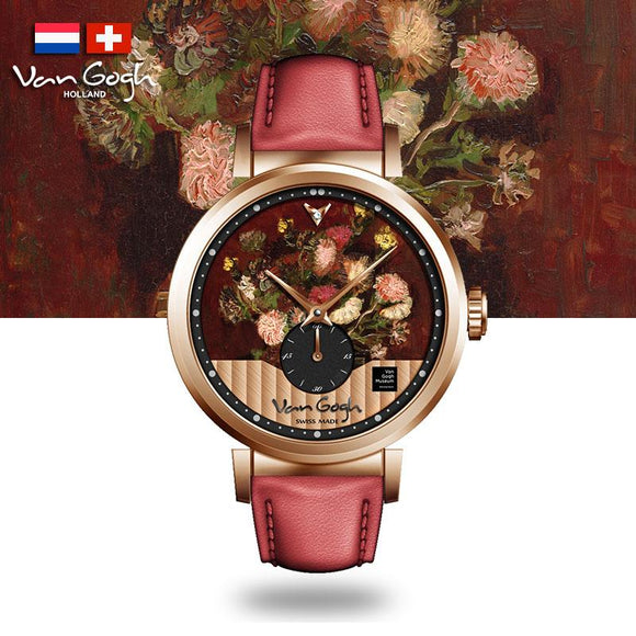 Van Gogh Vase with Chinese Asters and Gladioli Swiss Movement Leather Watch-One Quarter