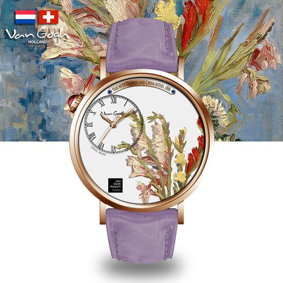 Van Gogh Vase with Gladioli and Chinese Asters Swiss Movement Lavender Leather Watch-One Quarter