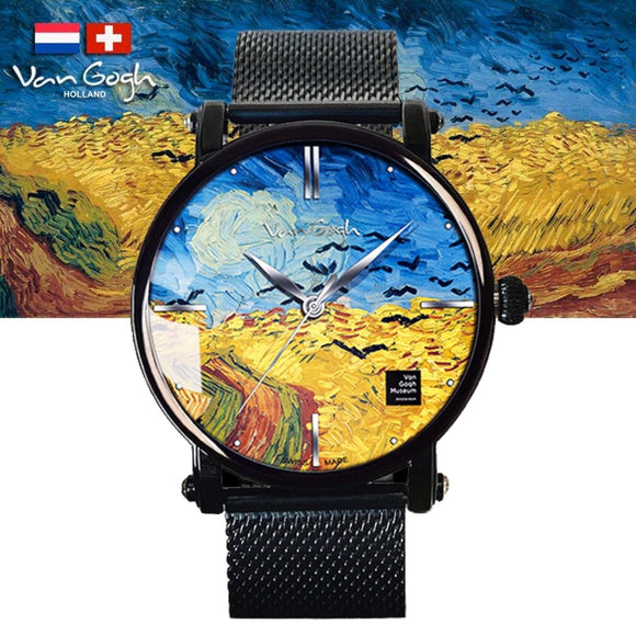 Van Gogh Wheatfield with Crows Swiss Movement Black Mesh Watch-One Quarter