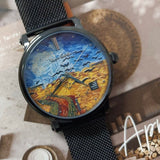 Van Gogh Wheatfield with Crows Swiss Movement Black Mesh Watch-One Quarter